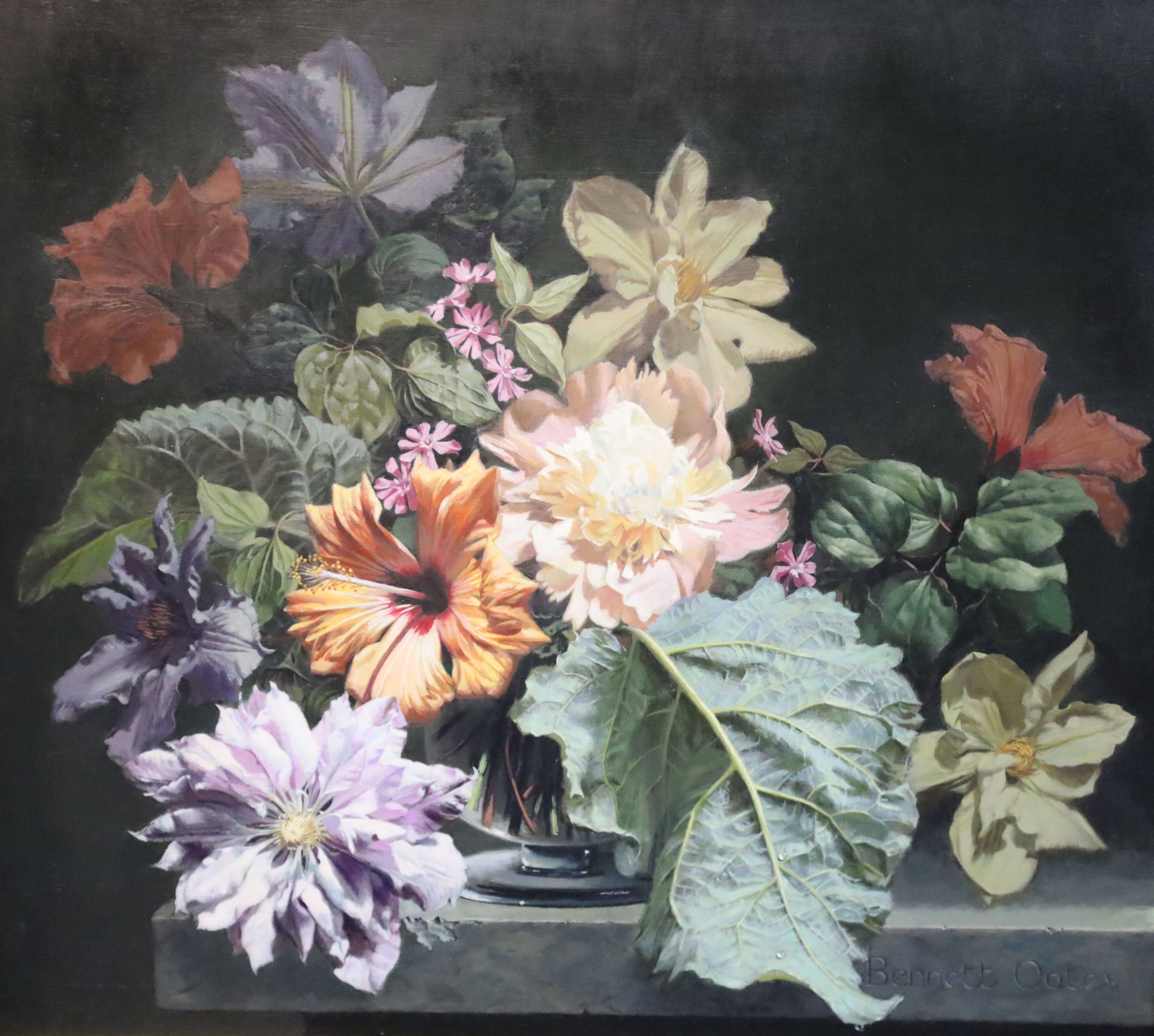 § G. Bennett Oates (1928-2009) Hibiscus and clematis 18.5 x 20.5in.